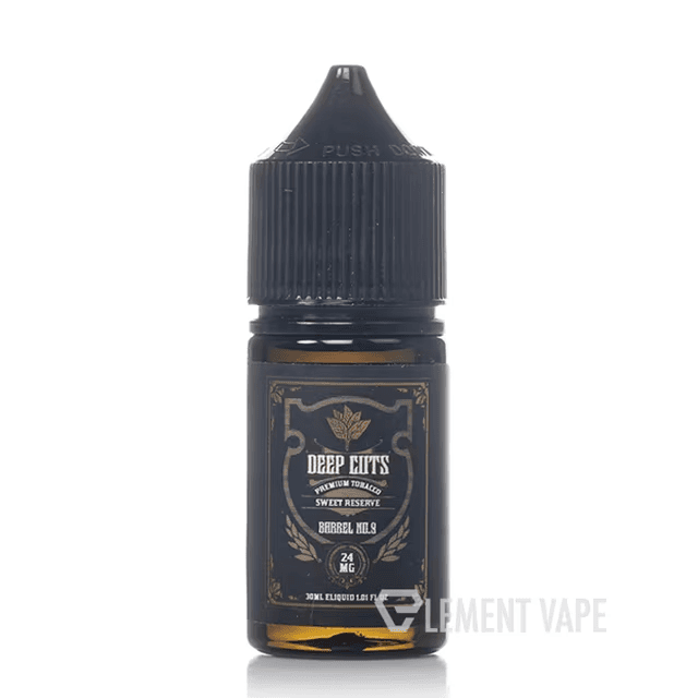 A 30ml bottle of Deep Cuts Barrel No. 9 salt nic e-liquid